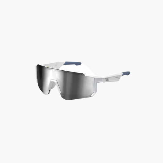Sunglasses with silver reflective lenses on a white background