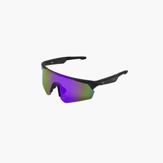 Black sunglasses with colorful lenses on a white background
