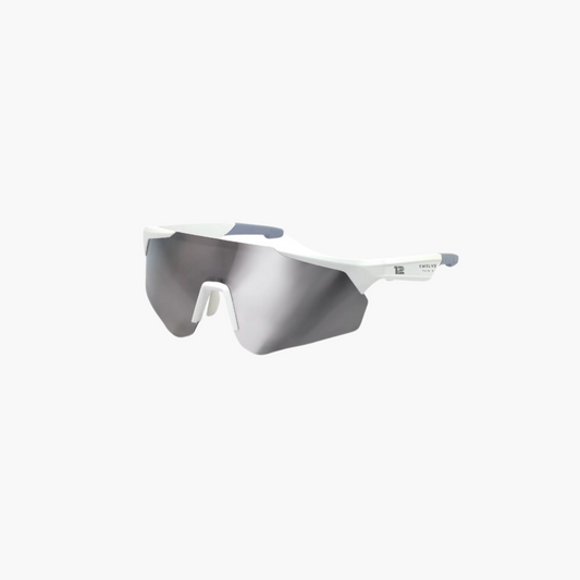 Sunglasses with reflective lenses on a white background