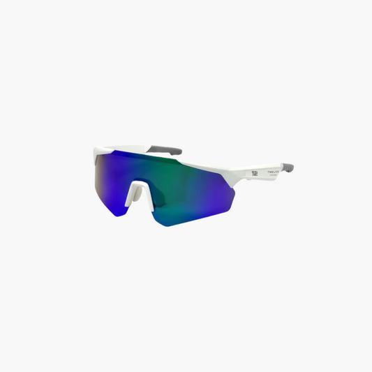 Sunglasses with blue and green reflective lenses on a white background