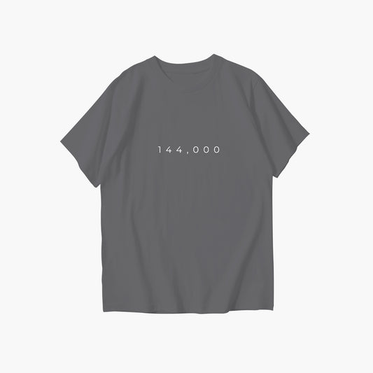 Gray t-shirt with '144,000' printed on the back against a white background