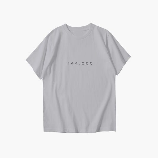 Gray t-shirt with '144,000' printed on a white background