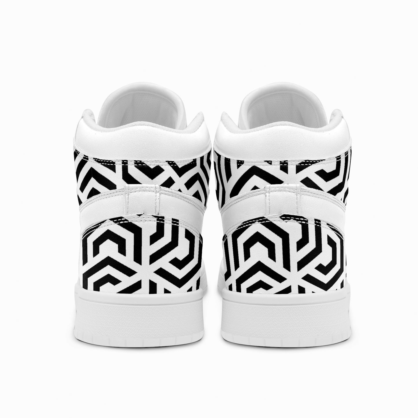 White sneakers with black geometric pattern on a white background