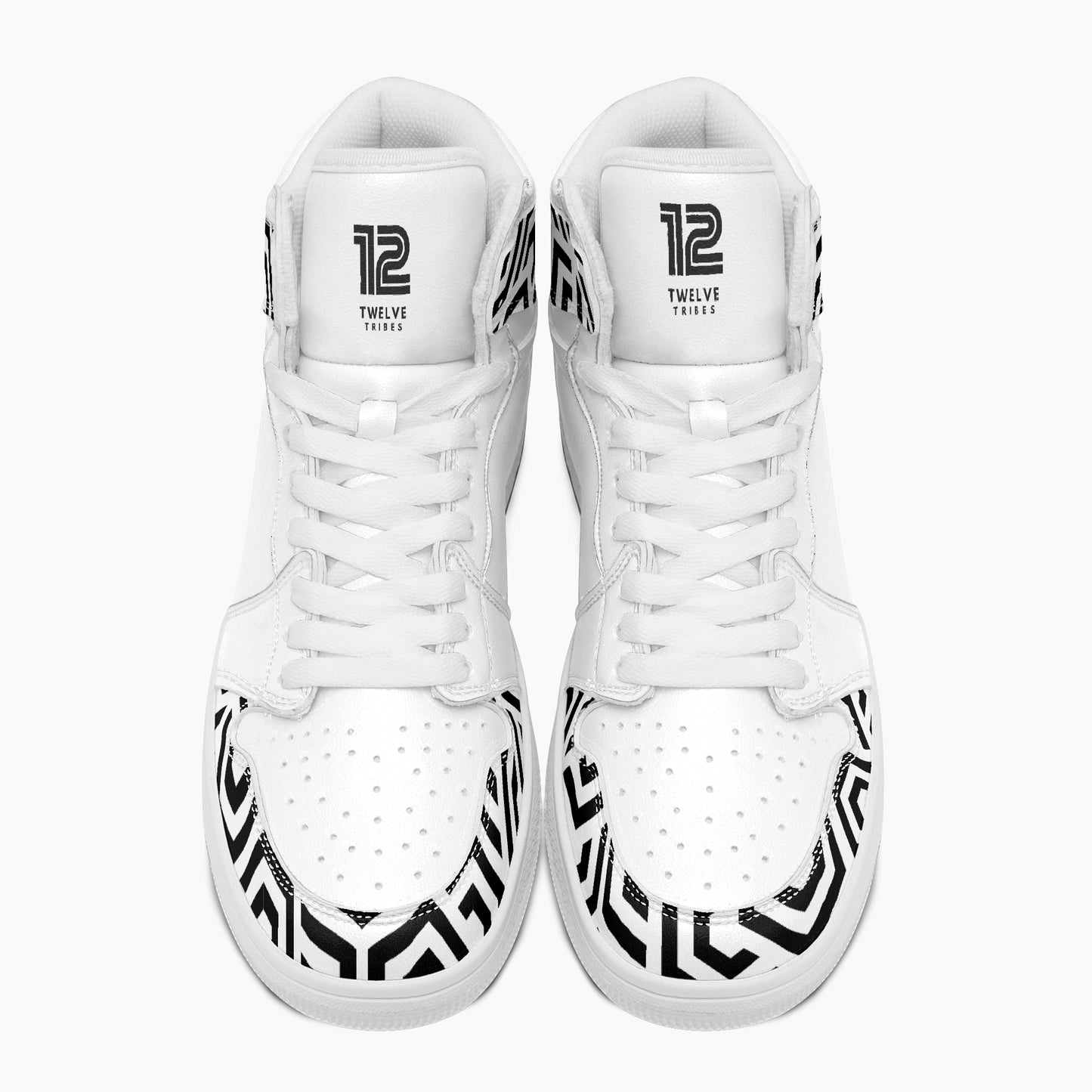 White sneakers with black geometric patterns and '12 Twelve Tribes' branding on a white background