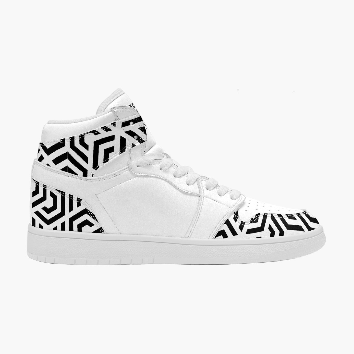 White high-top sneaker with black geometric pattern on a white background