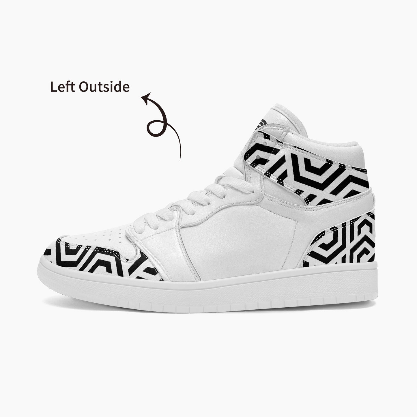 White high-top sneaker with black geometric pattern on a white background