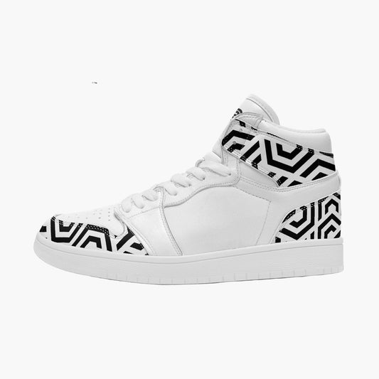 White high-top sneaker with black geometric pattern on a white background