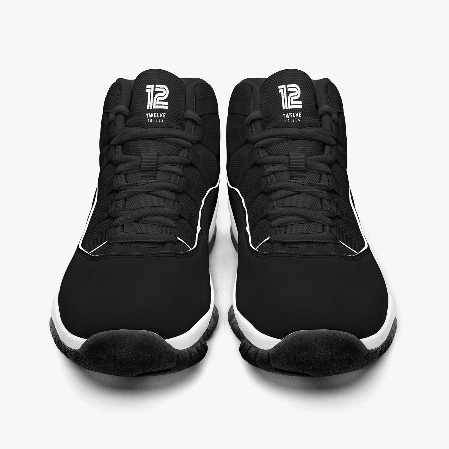 12 Tribes Black sneakers with a logo on the side against a white background