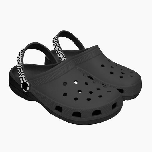 Black clogs with a strap on a white background