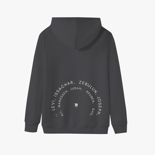 Black hoodie with text on the back against a light gray background