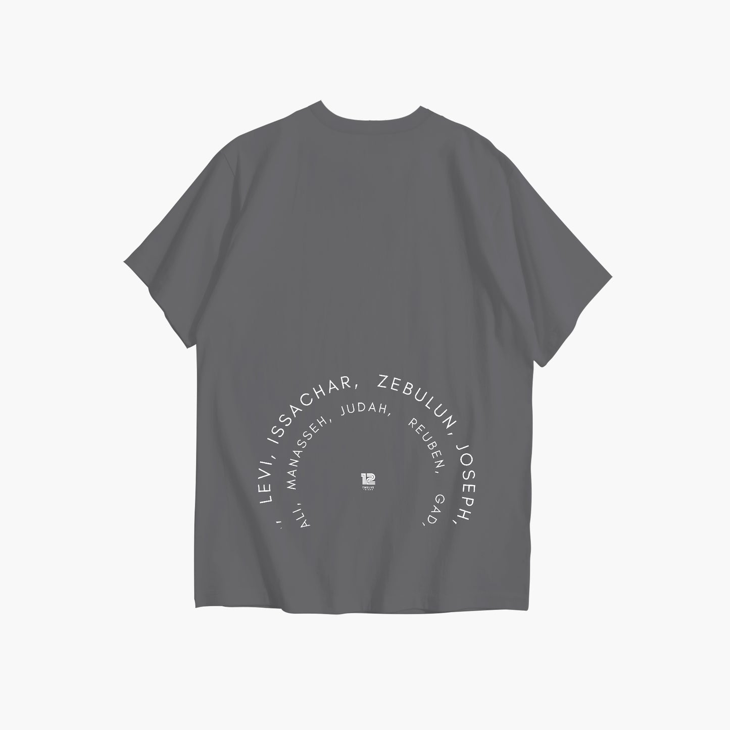 Gray t-shirt with text design on a white background