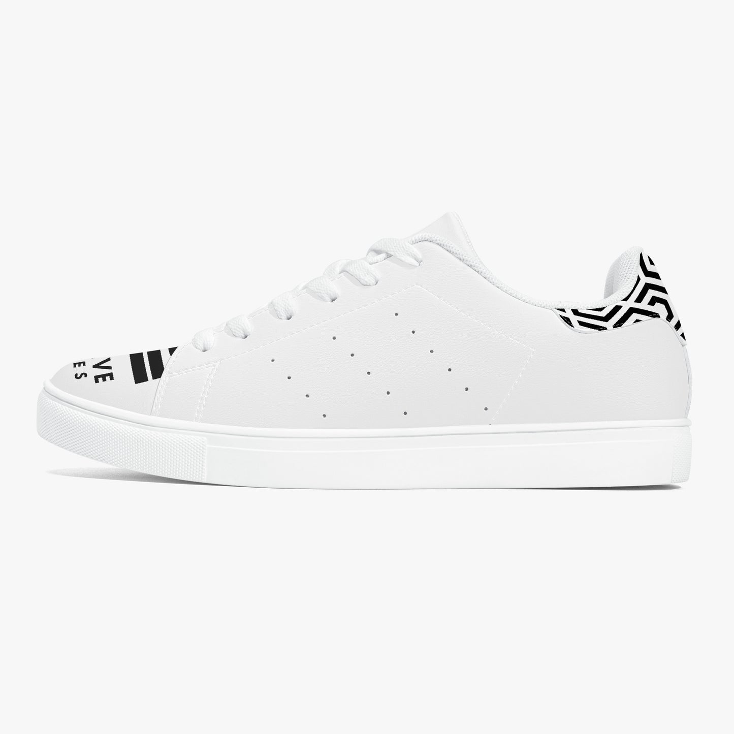 White sneaker with black patterns on a white background