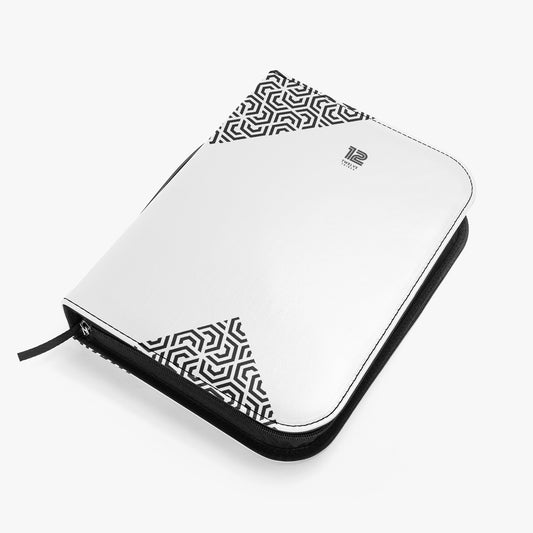 White zippered pouch with black geometric pattern on a white background