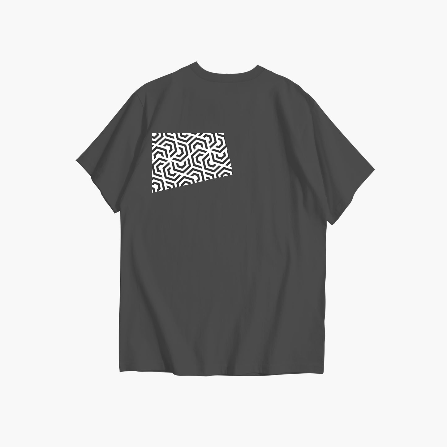 Black t-shirt with a geometric pattern on the back against a white background