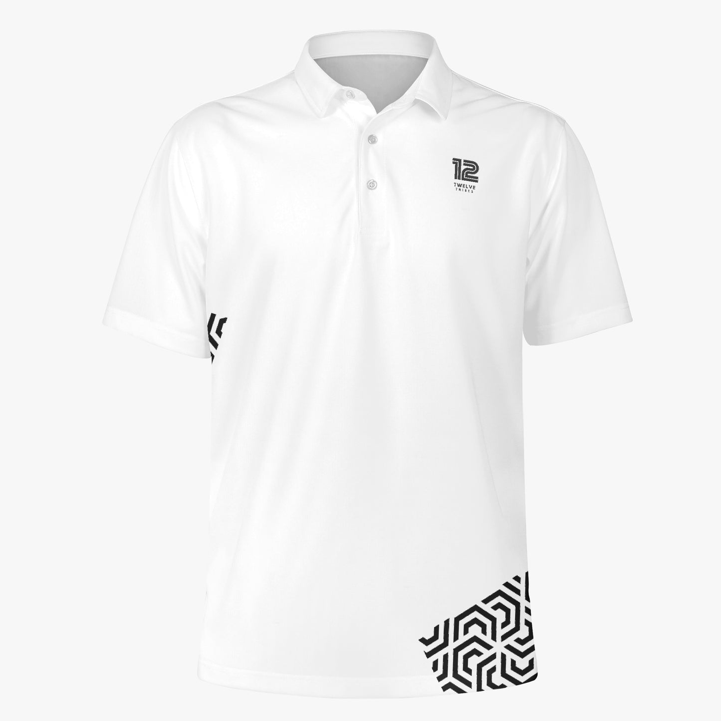 White polo shirt with black geometric patterns on a white background