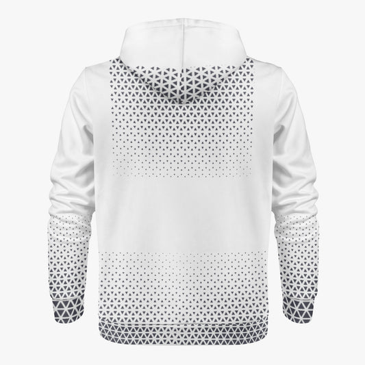 White hoodie with geometric pattern on a white background