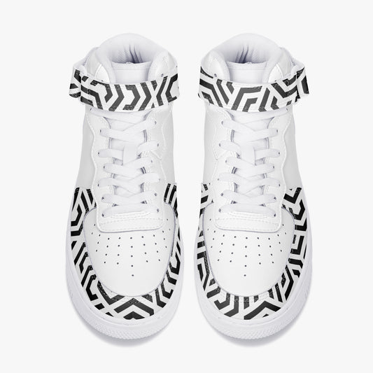 White sneakers with black geometric patterns on a white background