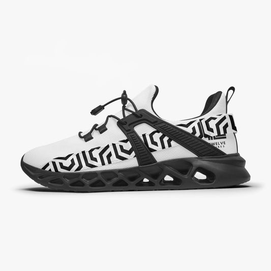 Black and white sneaker with brand logo on a white background