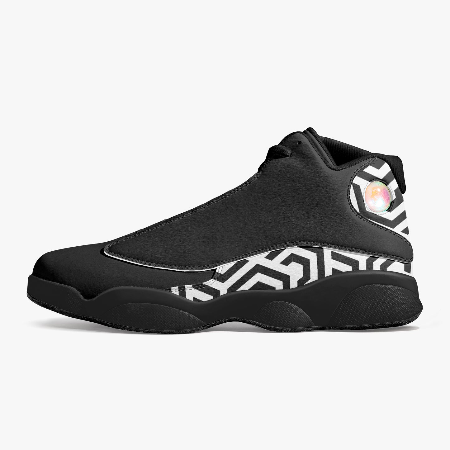 Black high-top sneaker with geometric pattern on a white background