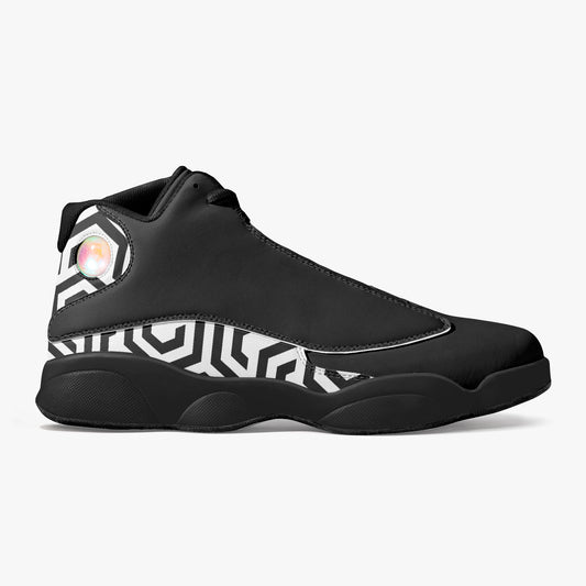 Black high-top sneaker with geometric pattern on a white background