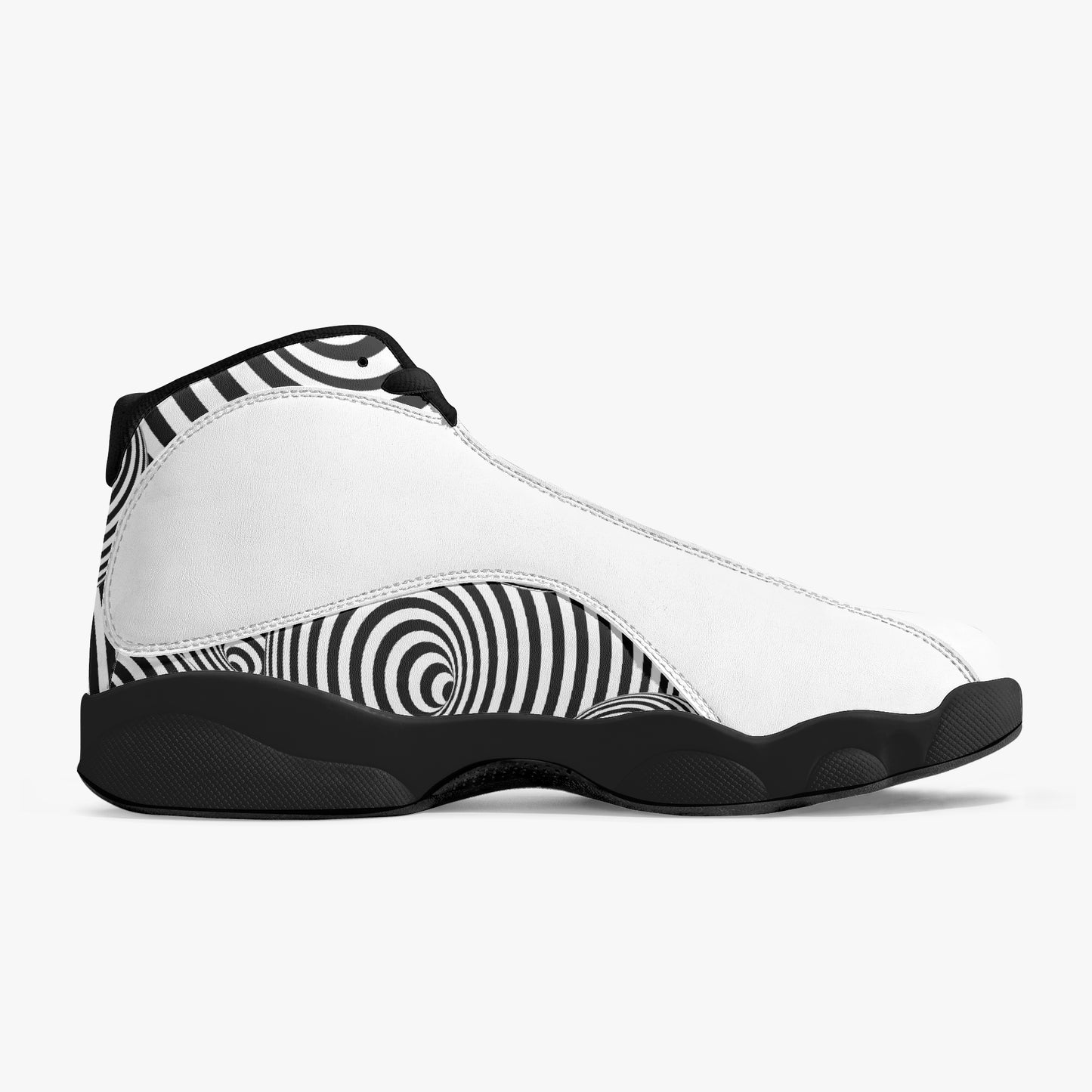 Black and white sneaker with a unique pattern on a white background