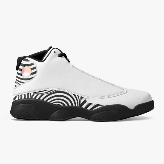 White sneaker with black and white pattern on a white background