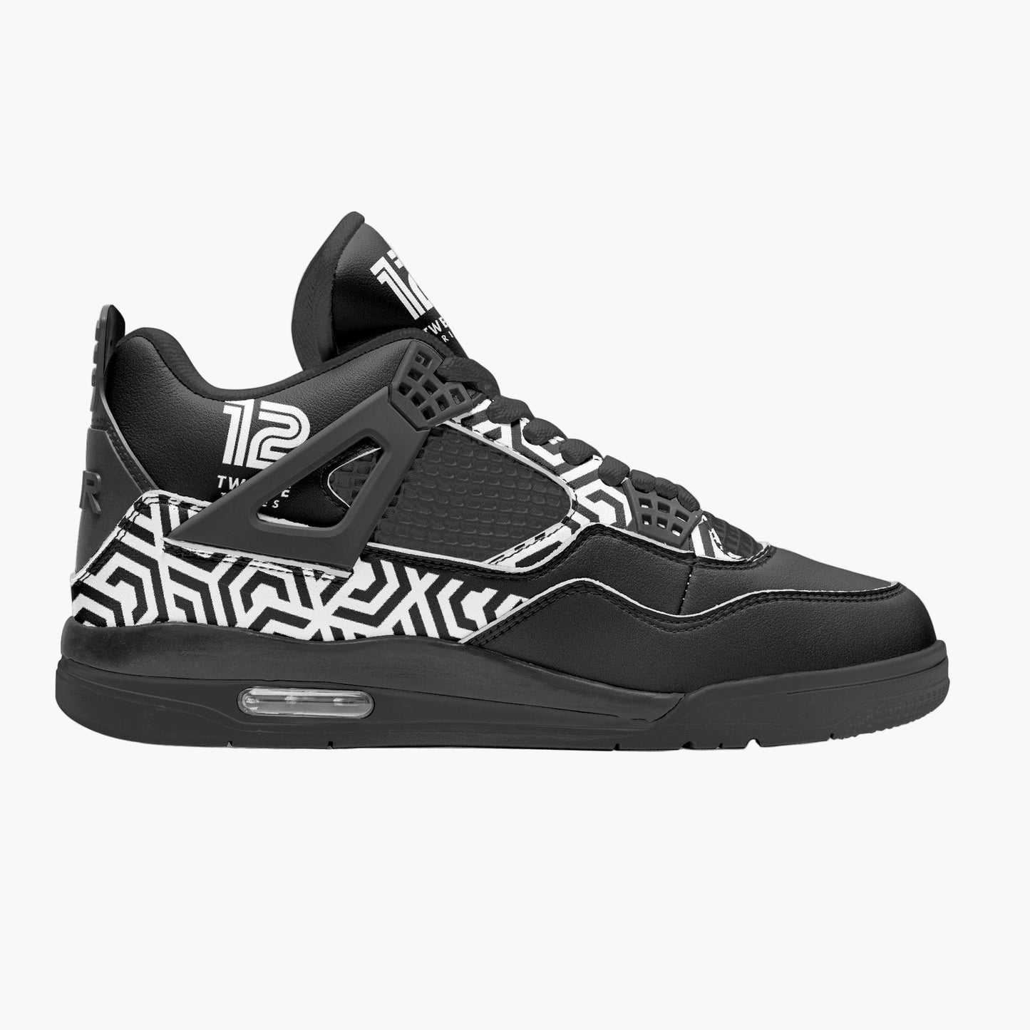 Black and white sneaker with geometric pattern on a white background