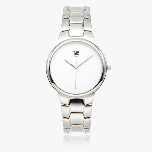 Silver watch with a white face on a white background