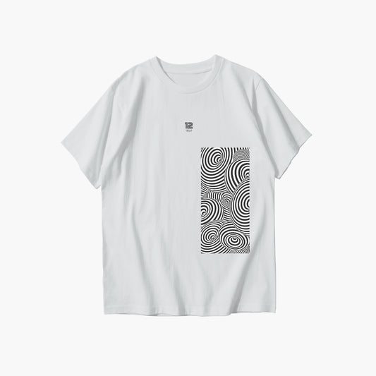 White t-shirt with black and white pattern on a white background
