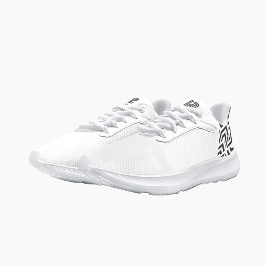 White athletic shoe with brand logo on a white background