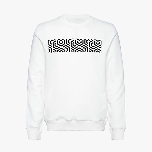 White sweatshirt with a black geometric pattern on the back against a white background