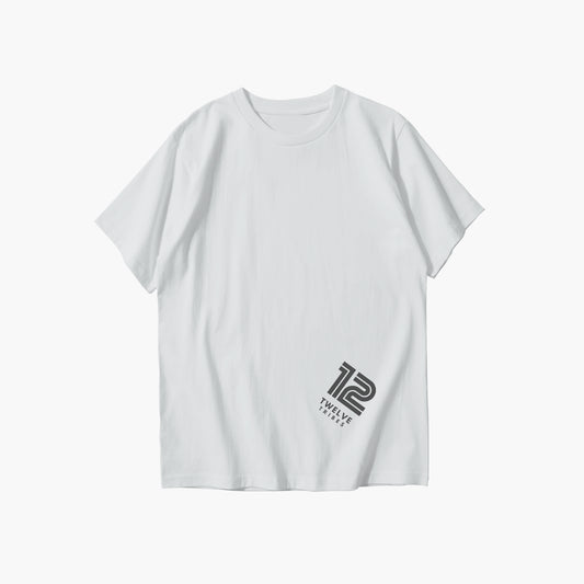 White t-shirt with a logo on a white background