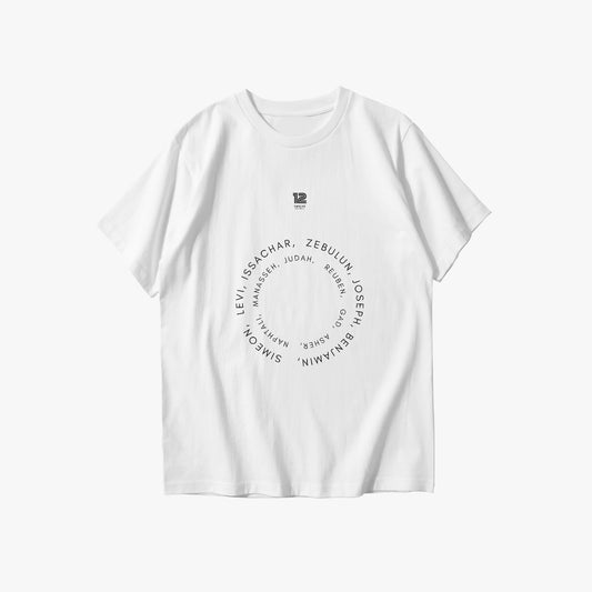 White t-shirt with black text on a white background