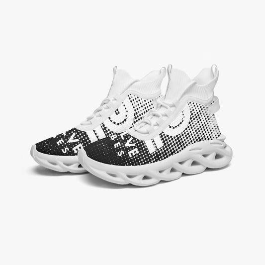 Black and white sneakers with a unique design on a white background