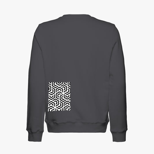 Dark gray sweatshirt with a geometric pattern on the back against a white background