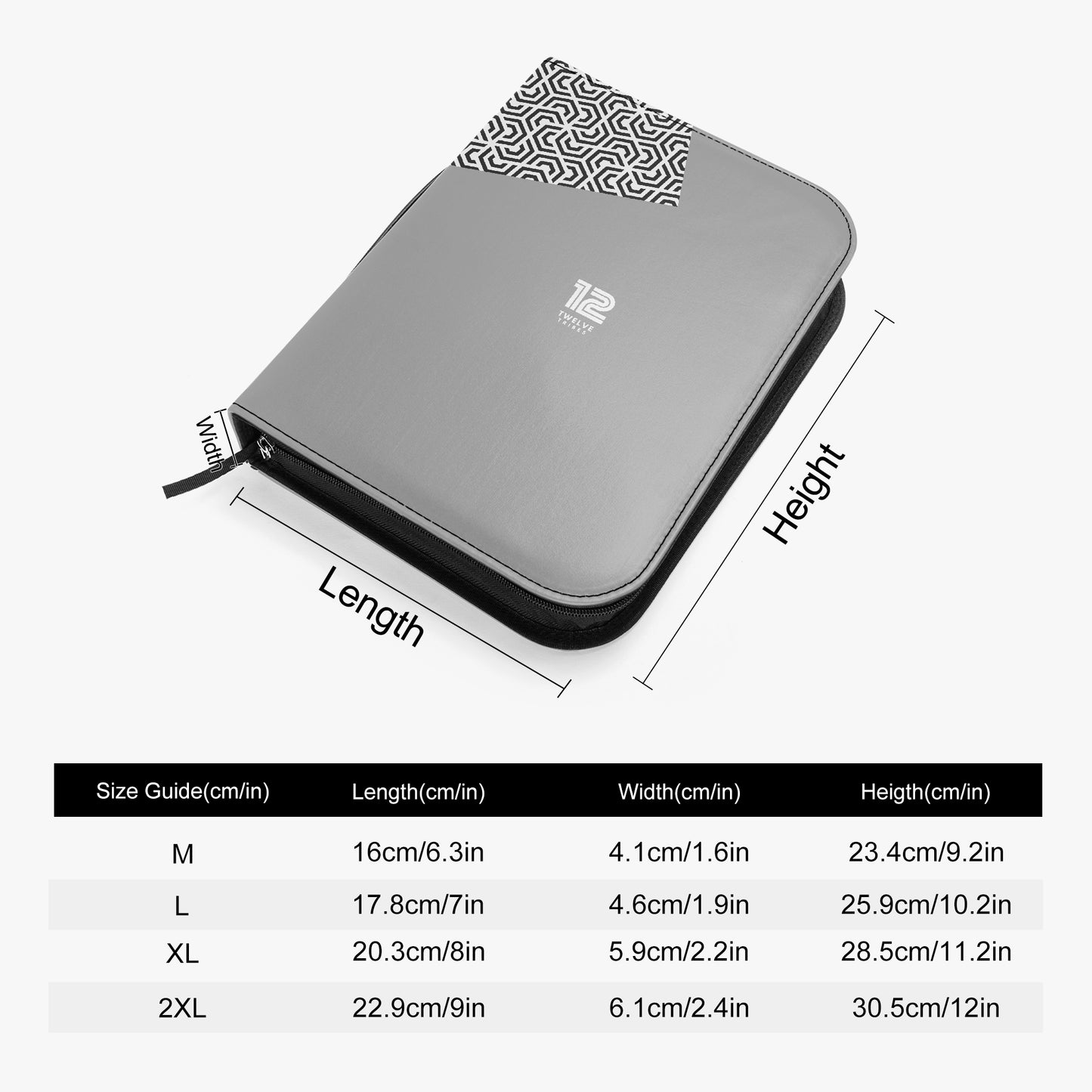 Gray case with measurement details on a white background