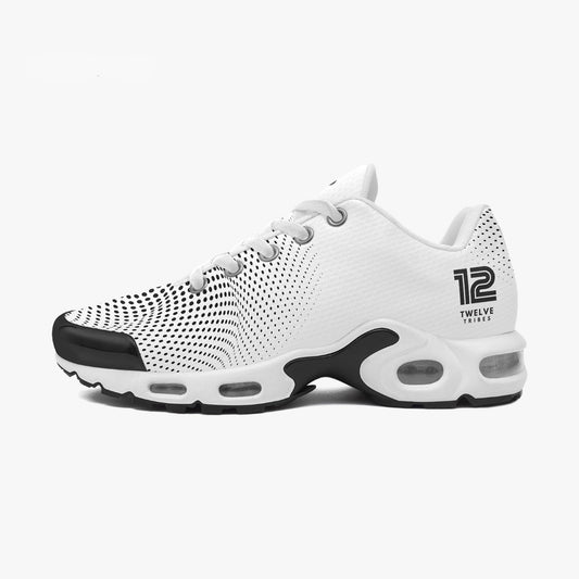 White athletic shoe with black accents on a white background