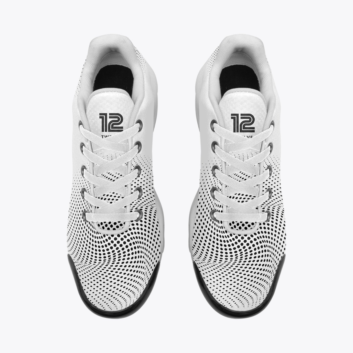 White sneakers with black soles and '12' logo on a white background