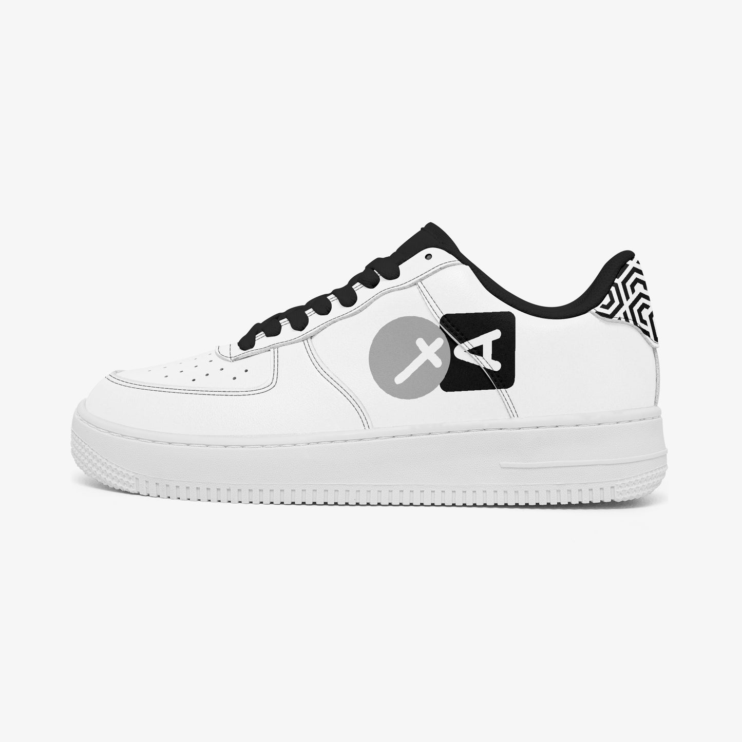 White sneaker with black accents and a logo on a white background