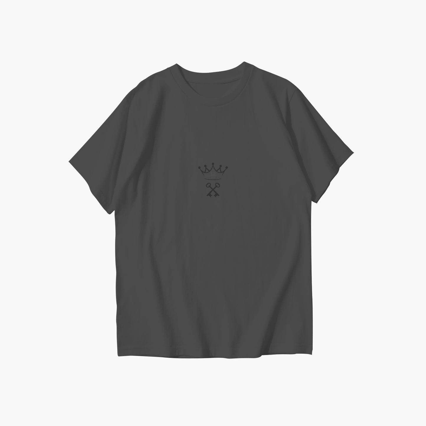Dark gray t-shirt with a small logo on the chest against a white background