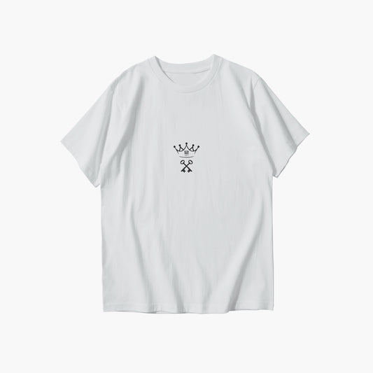 White t-shirt with a black logo on a white background