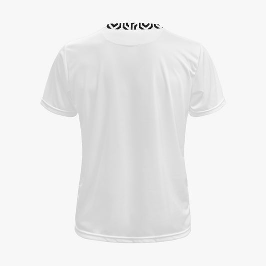 White t-shirt with a logo on the back against a white background