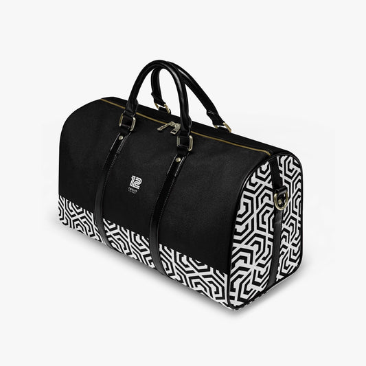 12 Tribes Black and white geometric patterned handbag on a white background