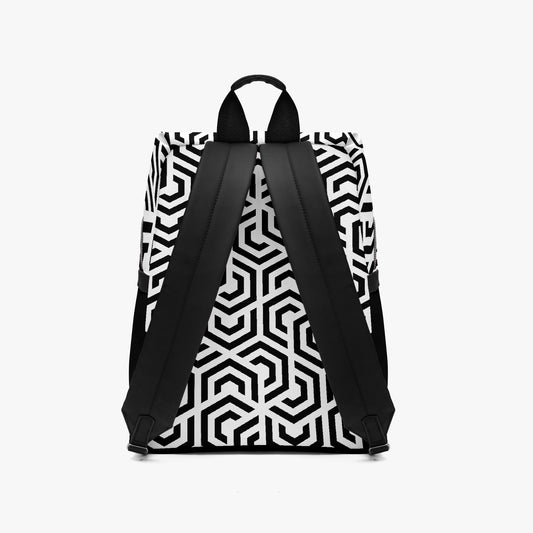Backpack with black and white geometric pattern on a white background