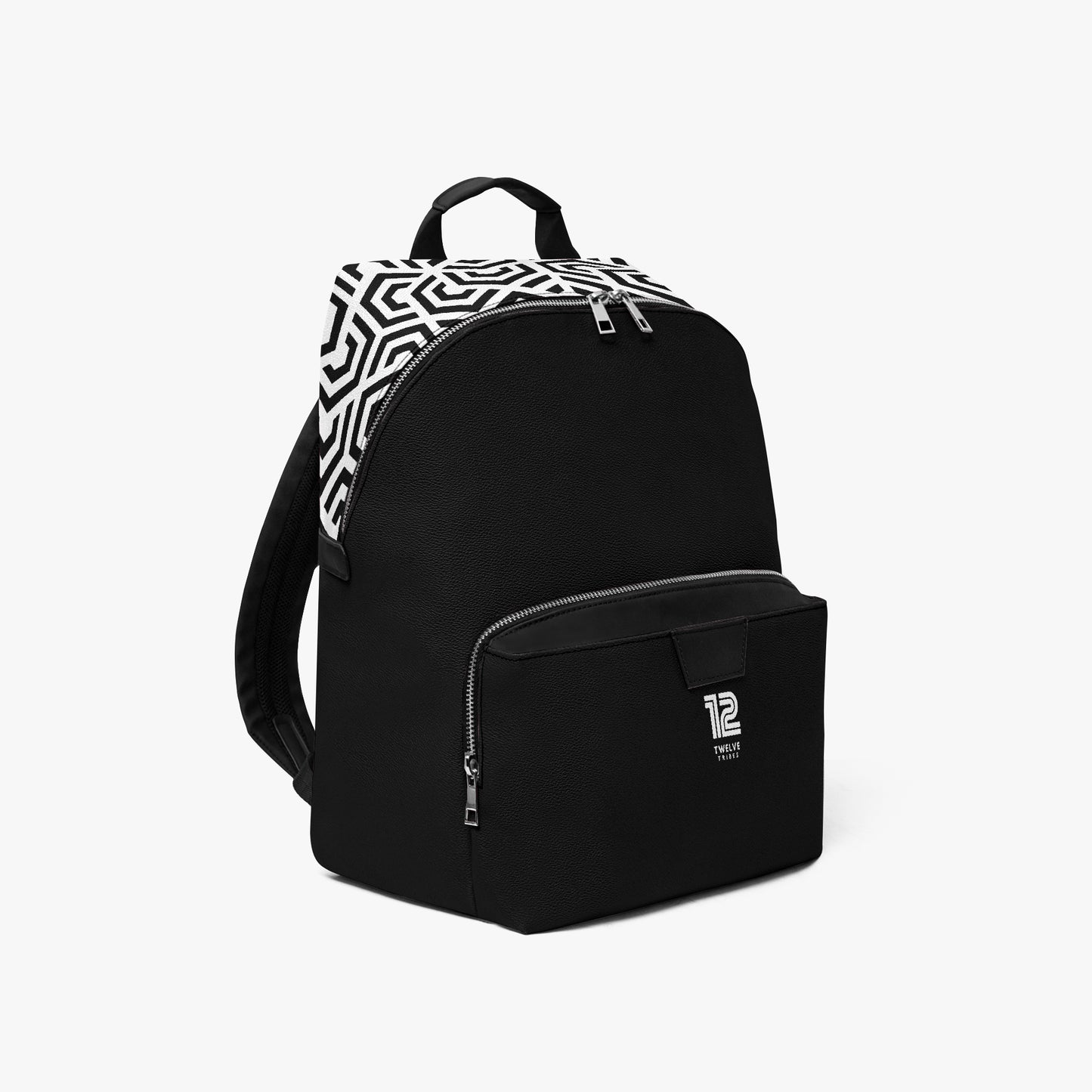 Black backpack with geometric pattern on the shoulder strap against a white background