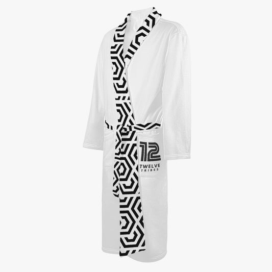 White robe with black geometric pattern and '12 Tribes' branding on a white background