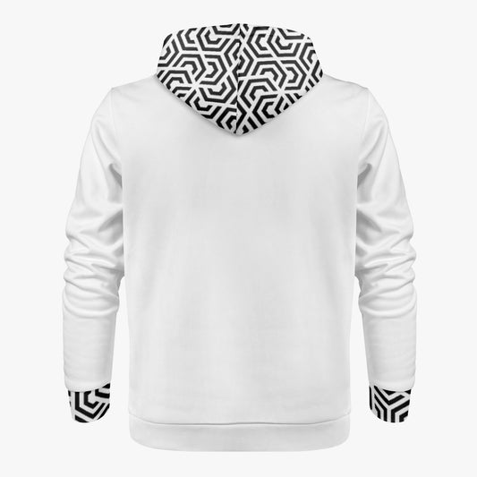 White hoodie with black and white geometric pattern on hood and cuffs against a white background