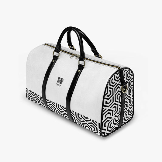 White duffel bag with black geometric pattern and handles on a white background