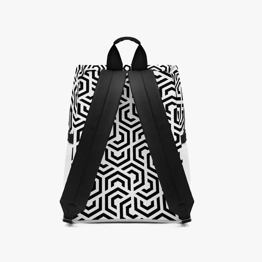 Backpack with black and white geometric pattern on a white background