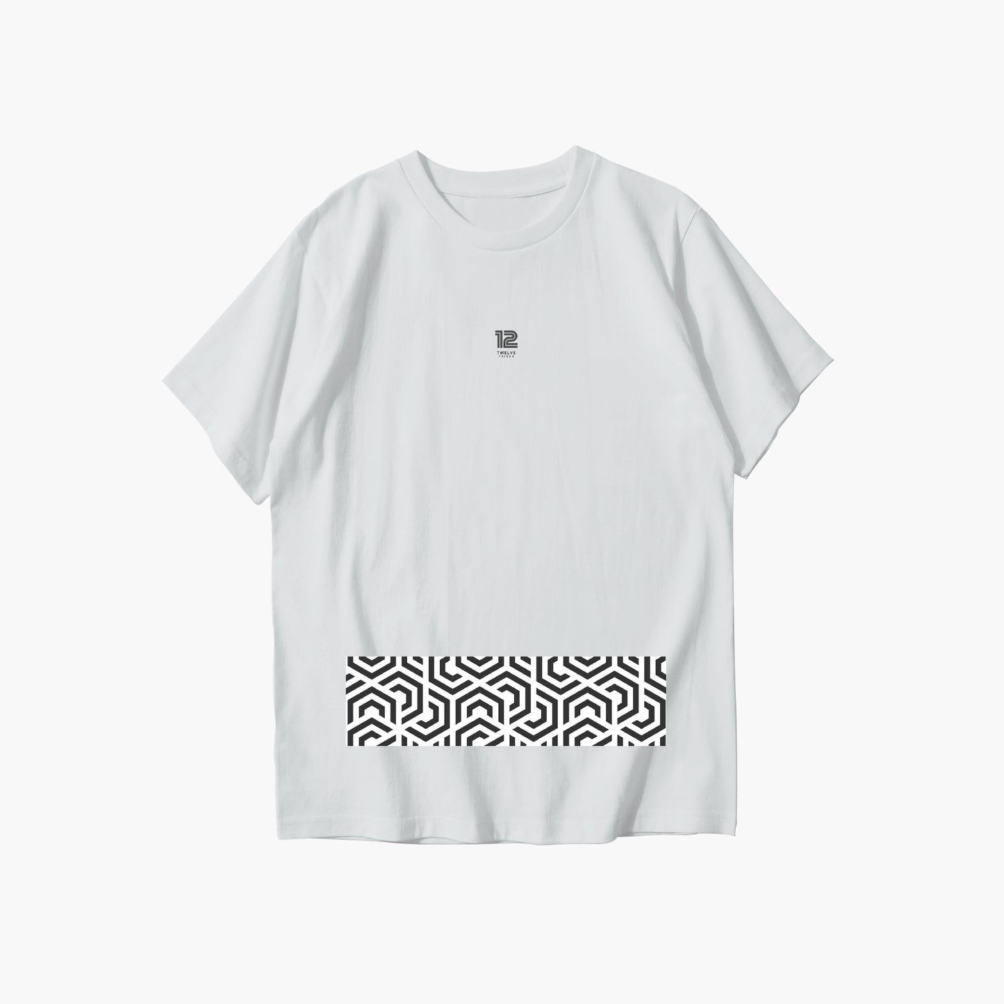 White t-shirt with black geometric pattern on a white background